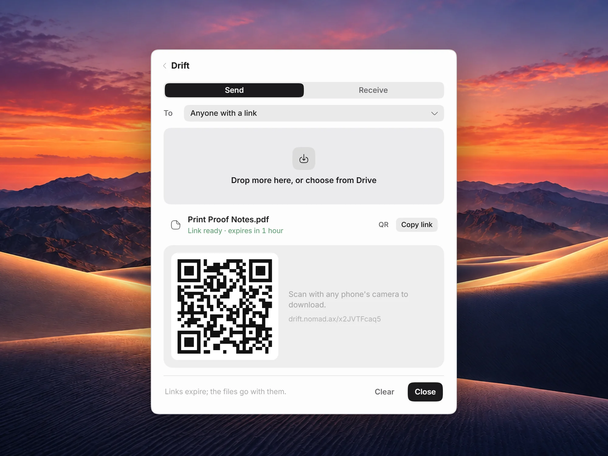Drift with the link ready: Copy link, and a QR code to scan with a phone camera.