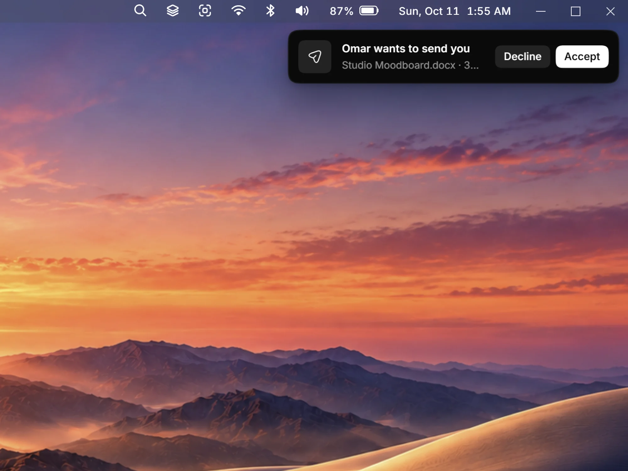 A Drift notice at the top of the screen: someone wants to send you a document, with Decline and Accept.
