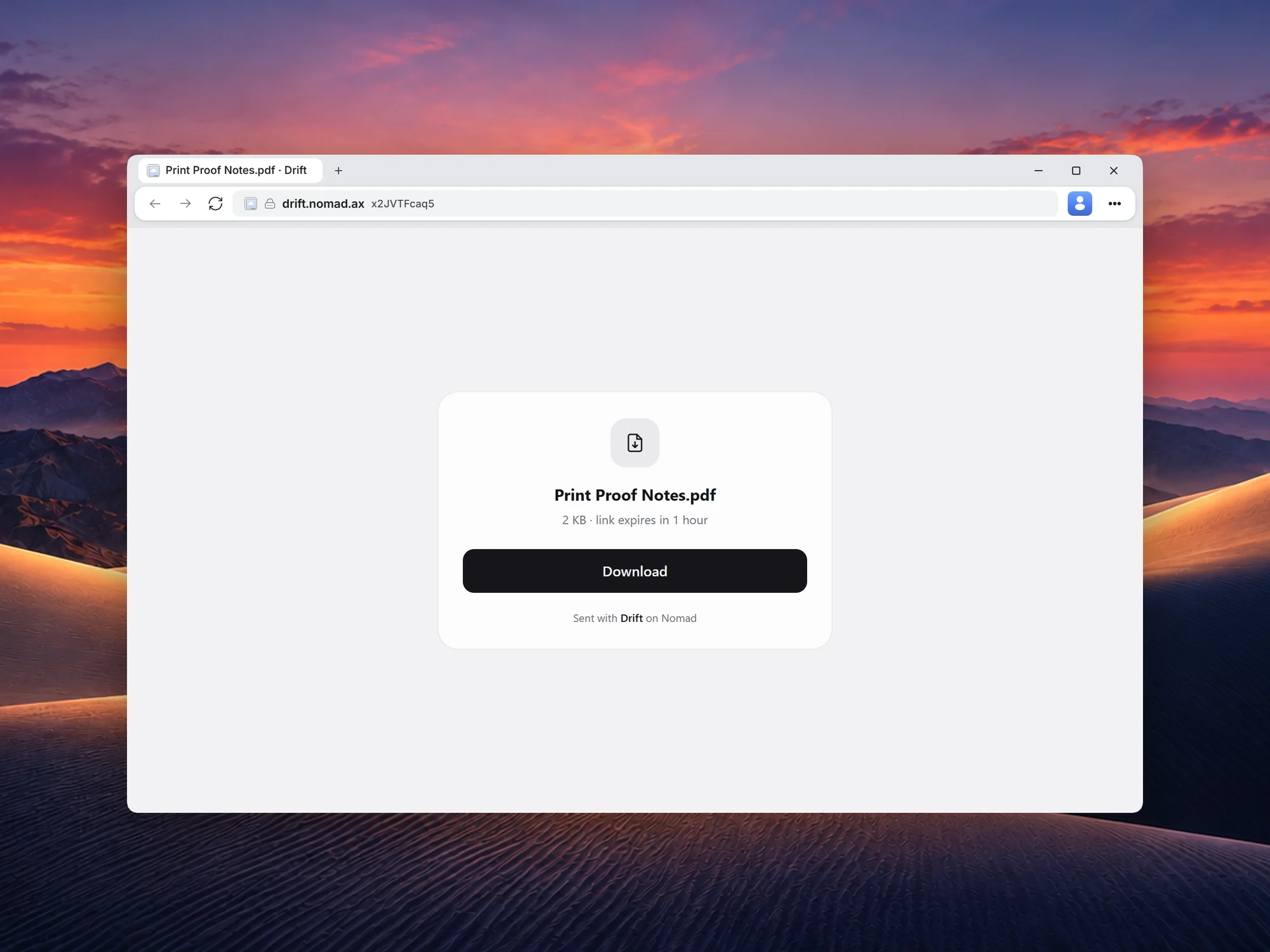 A Drift link opened in a browser: the file name and size, when the link expires, and Download.