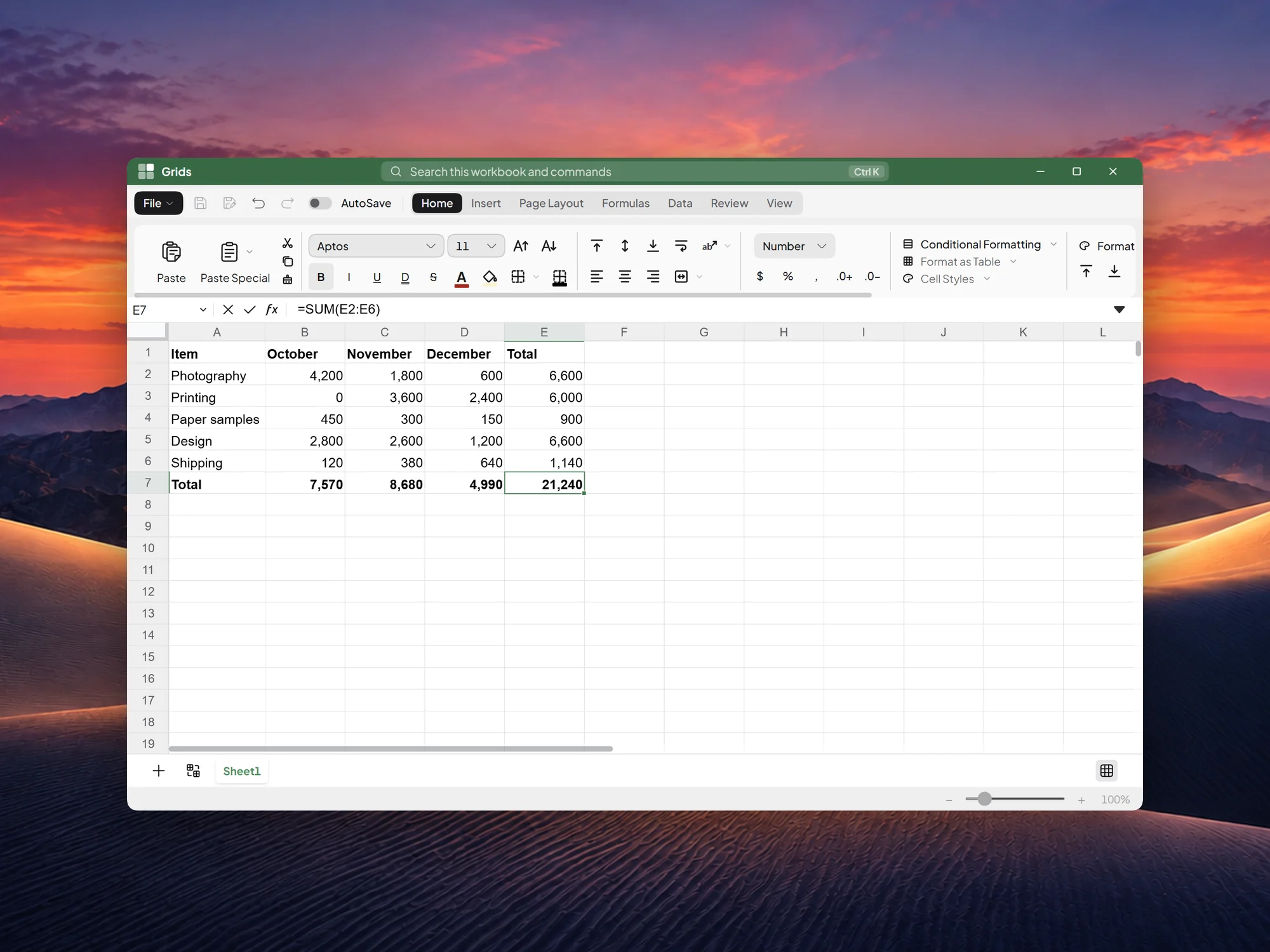 Grids with a budget by month, its totals worked out by SUM formulas, one shown in the formula bar.