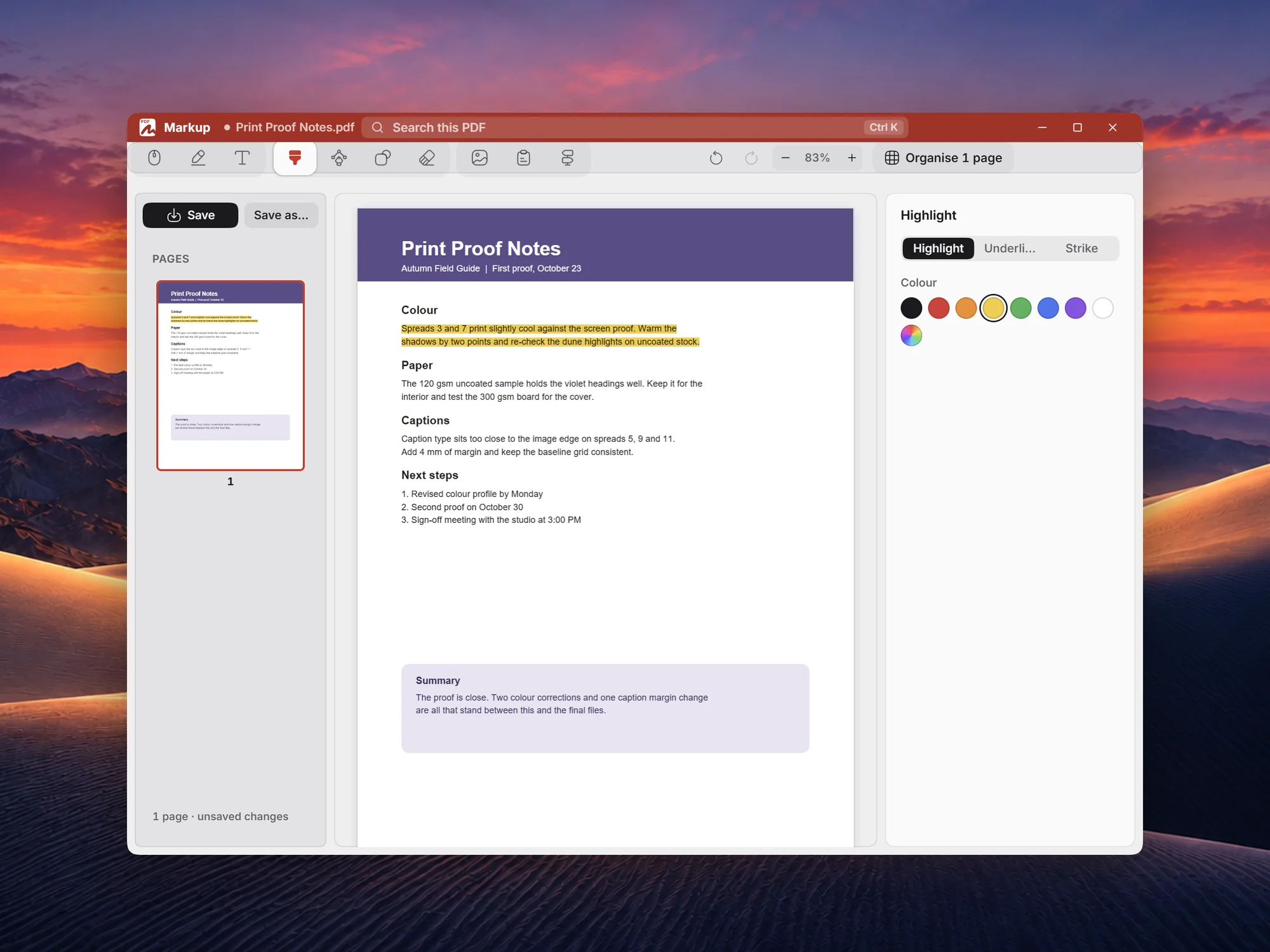 Markup with a PDF open, two lines highlighted, and the highlight colours beside it.