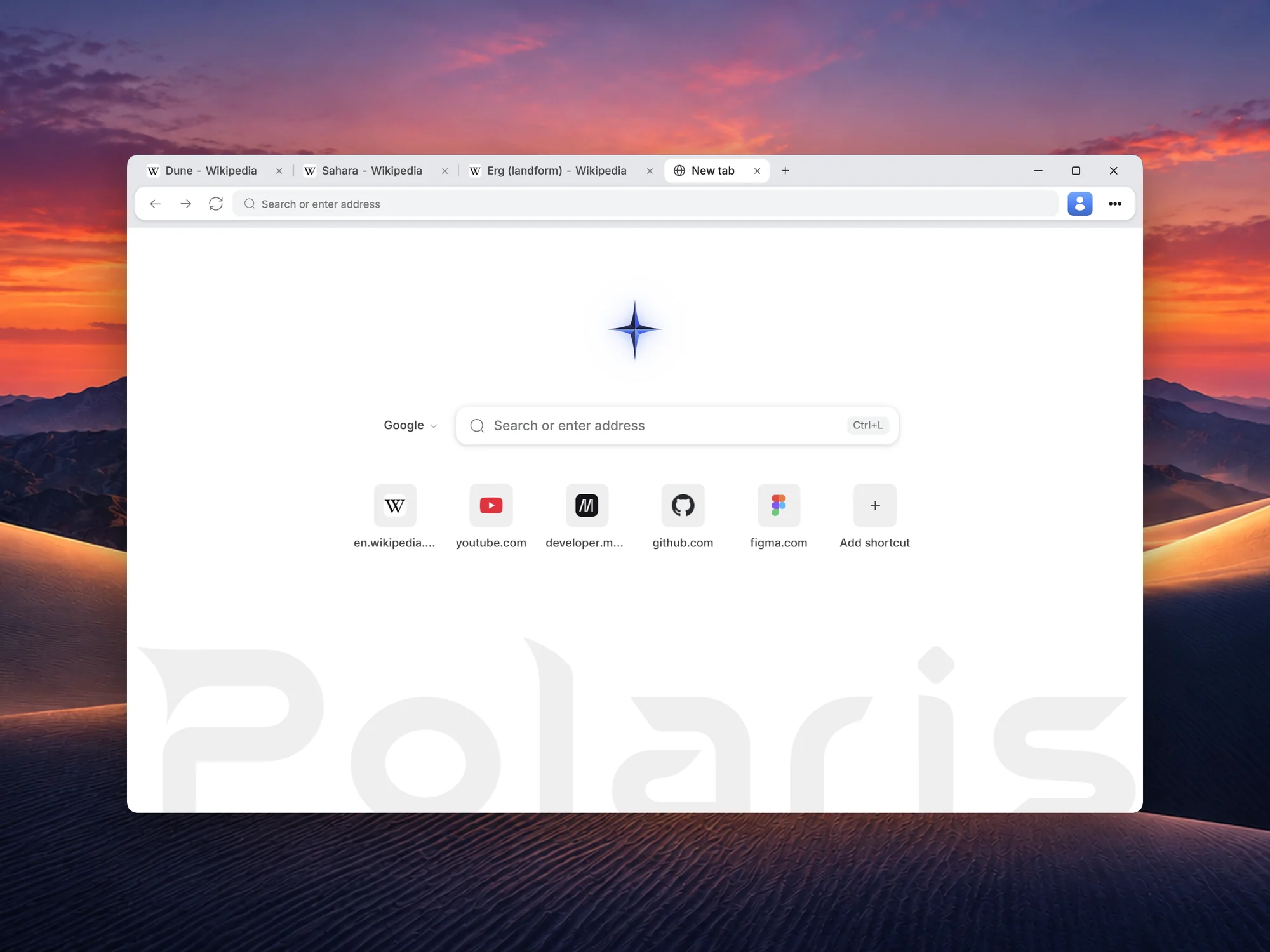 A new tab in Polaris: one search field and five site shortcuts over the Polaris wordmark.