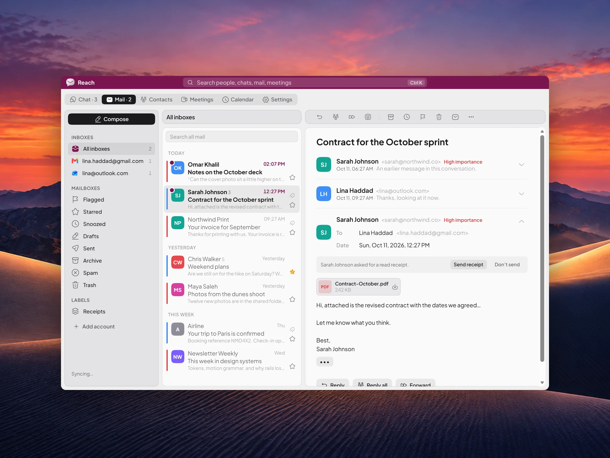 Mail in Reach: every inbox together, a thread open with its attachment, and the mailboxes beside it.