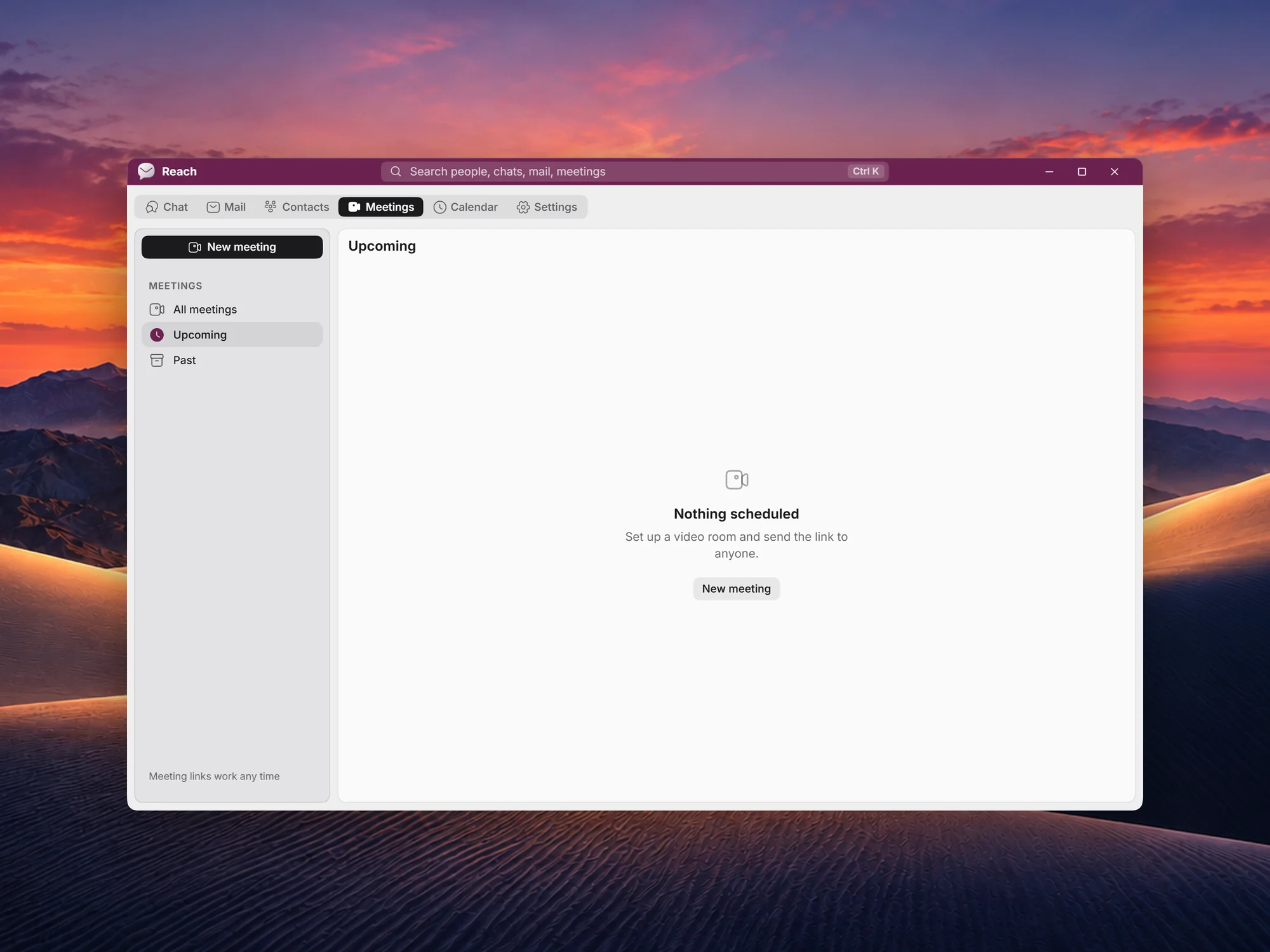Meetings in Reach, with New meeting and nothing scheduled yet.